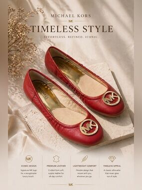 Michael Kors Red Leather Ballet Flats MK Logo Size 8.5